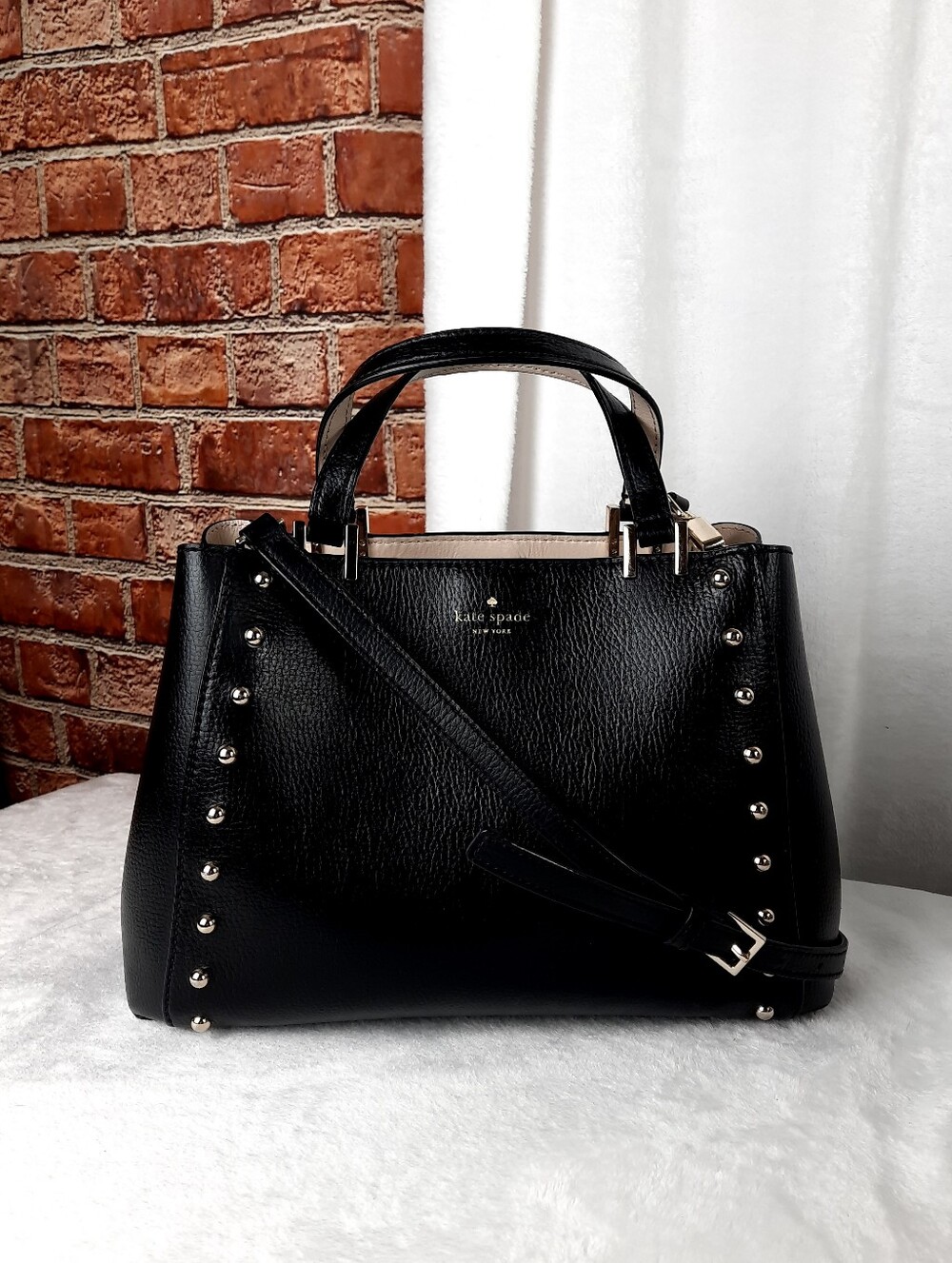 kate spade Black Leather Studded Satchel with Gold Hardware
